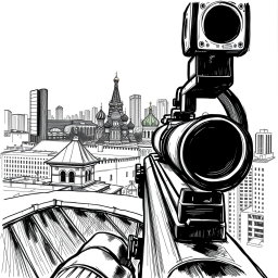 An expressive black and white drawing representing a view through a sniper scope from the roof of a building in Moscow