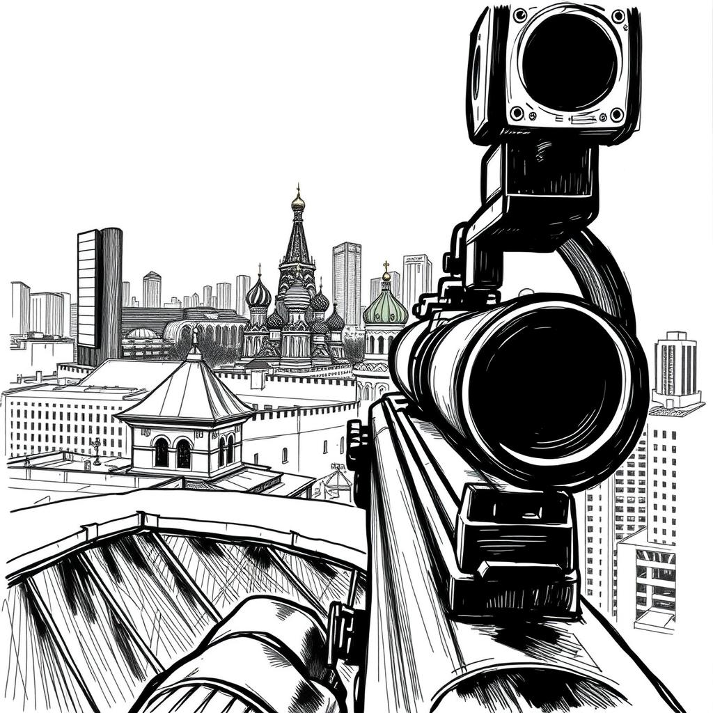 An expressive black and white drawing representing a view through a sniper scope from the roof of a building in Moscow