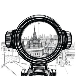 An expressive black and white drawing representing a view through a sniper scope from the roof of a building in Moscow