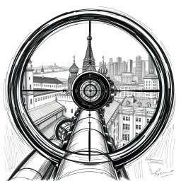 An expressive black and white drawing representing a view through a sniper scope from the roof of a building in Moscow