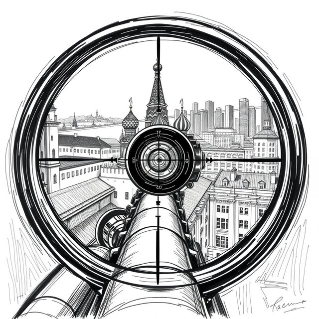 An expressive black and white drawing representing a view through a sniper scope from the roof of a building in Moscow