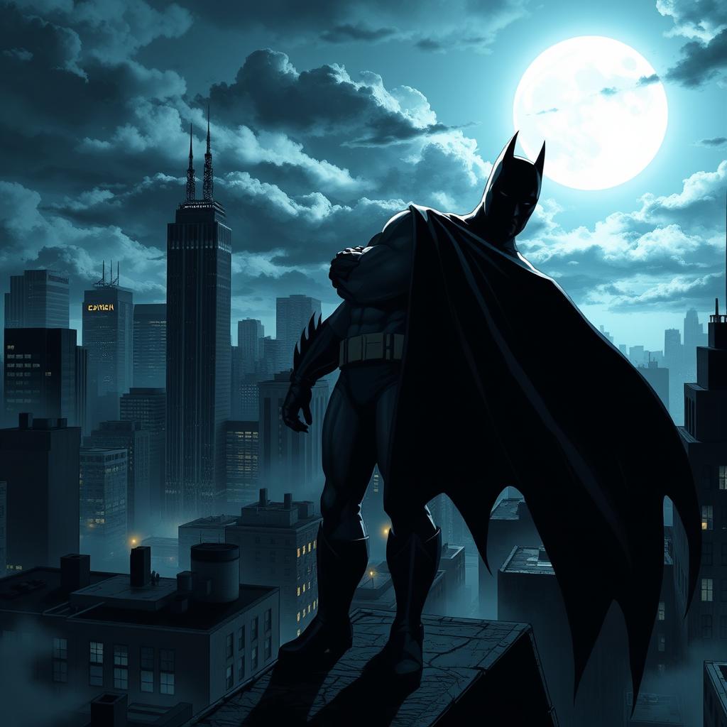 A dark, gritty urban scene featuring Batman standing on a rooftop overlooking Gotham City at night