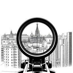 A captivating black and white drawing illustrating the view through a sniper scope from the roof of a building overlooking Moscow