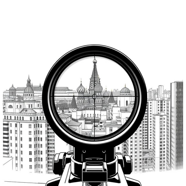A captivating black and white drawing illustrating the view through a sniper scope from the roof of a building overlooking Moscow