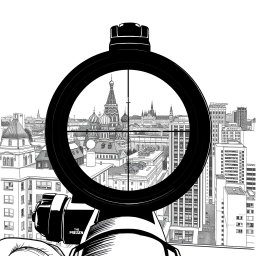 A captivating black and white drawing illustrating the view through a sniper scope from the roof of a building overlooking Moscow