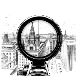 A captivating black and white drawing illustrating the view through a sniper scope from the roof of a building overlooking Moscow