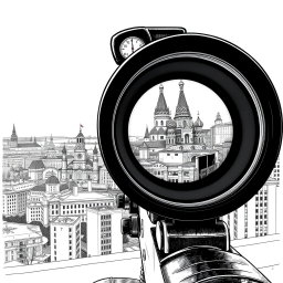 A captivating black and white drawing illustrating the view through a sniper scope from the roof of a building overlooking Moscow