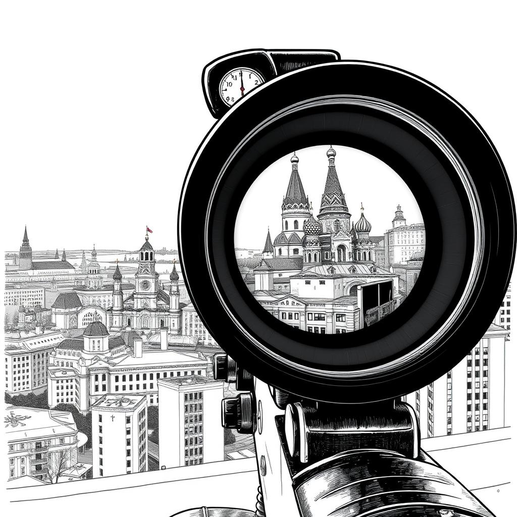 A captivating black and white drawing illustrating the view through a sniper scope from the roof of a building overlooking Moscow