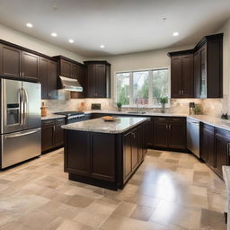 A spacious and beautifully arranged modern kitchen with high-end appliances, granite countertops, and ample natural light.