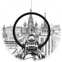 A stunning black and white drawing depicting a view through a sniper scope from the roof of a building in Moscow