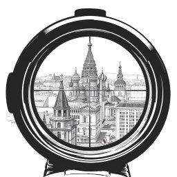 A stunning black and white drawing depicting a view through a sniper scope from the roof of a building in Moscow