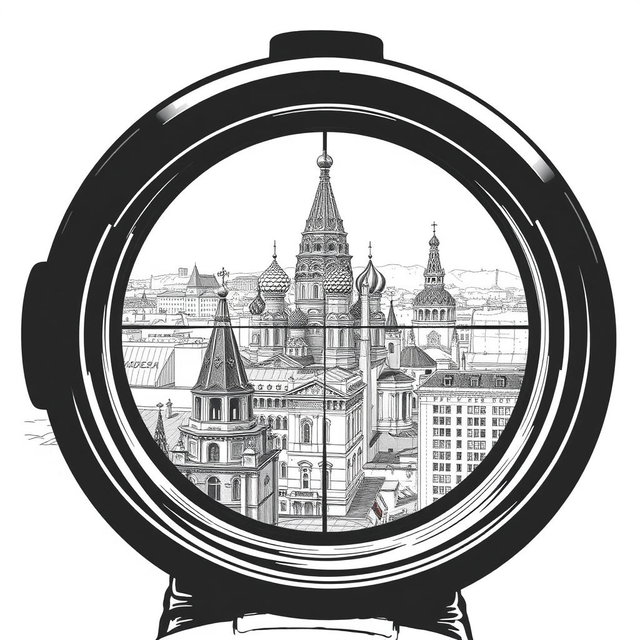A stunning black and white drawing depicting a view through a sniper scope from the roof of a building in Moscow