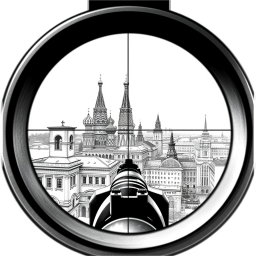A stunning black and white drawing depicting a view through a sniper scope from the roof of a building in Moscow