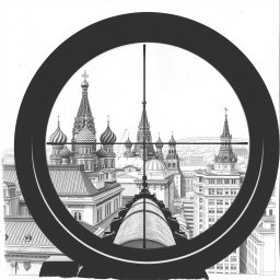 A stunning black and white drawing depicting a view through a sniper scope from the roof of a building in Moscow