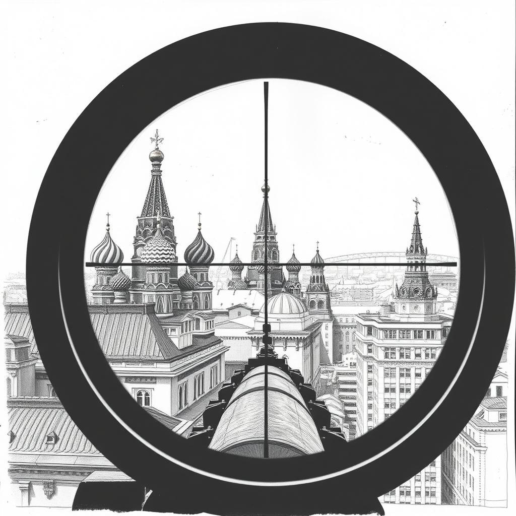 A stunning black and white drawing depicting a view through a sniper scope from the roof of a building in Moscow