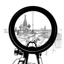 A meticulously detailed black and white drawing illustrating a view through a sniper scope from the roof of a building in Moscow