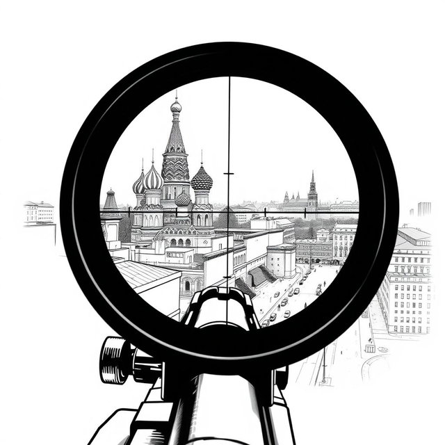A meticulously detailed black and white drawing illustrating a view through a sniper scope from the roof of a building in Moscow