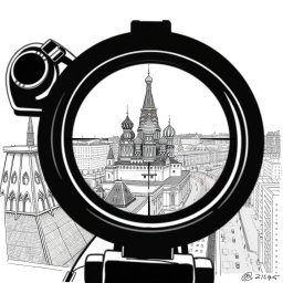 A meticulously detailed black and white drawing illustrating a view through a sniper scope from the roof of a building in Moscow