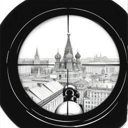 A meticulously detailed black and white drawing illustrating a view through a sniper scope from the roof of a building in Moscow