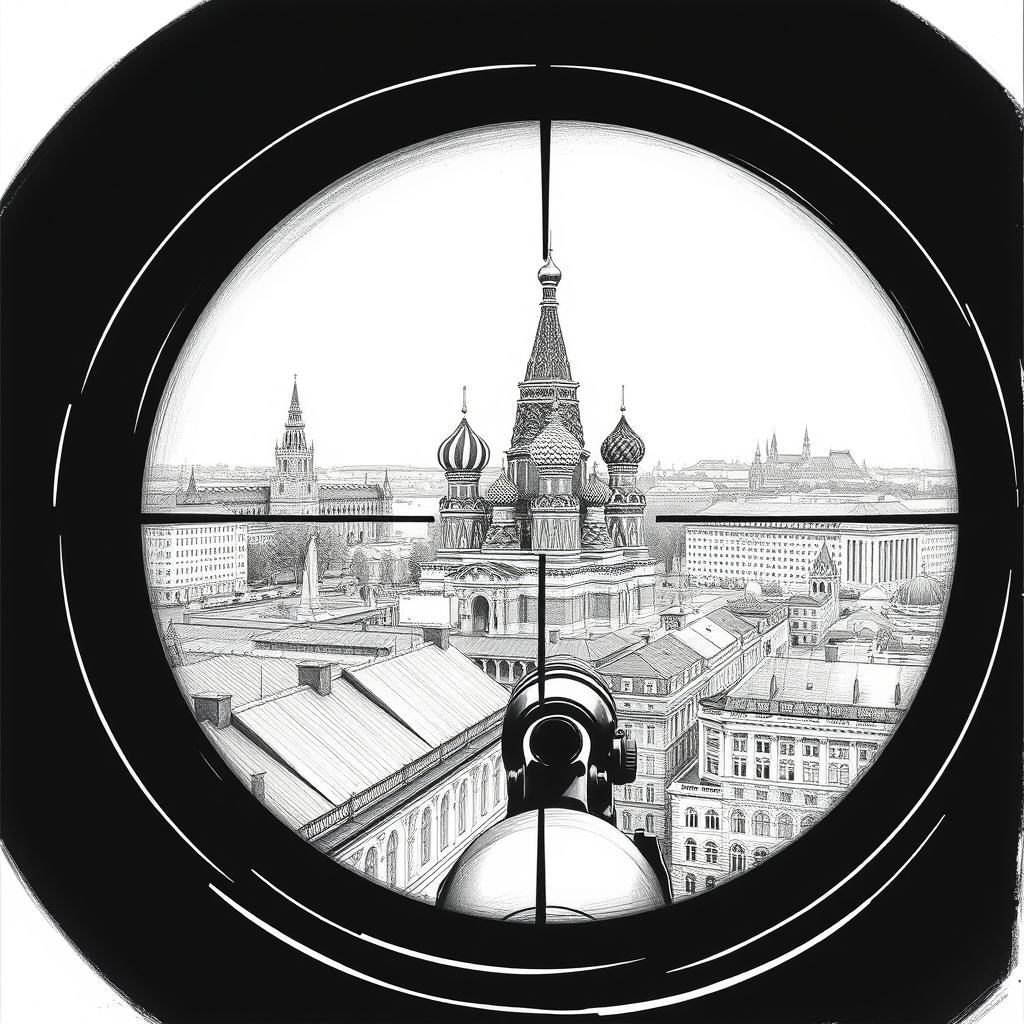 A meticulously detailed black and white drawing illustrating a view through a sniper scope from the roof of a building in Moscow