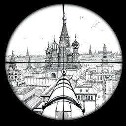 A meticulously detailed black and white drawing illustrating a view through a sniper scope from the roof of a building in Moscow