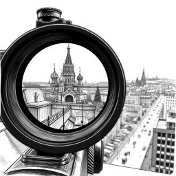 A highly detailed black and white drawing showcasing a view through a sniper scope from the roof of a building in Moscow