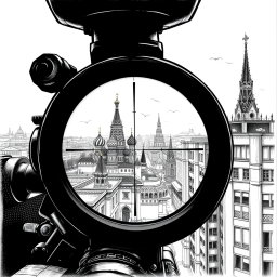 A highly detailed black and white drawing showcasing a view through a sniper scope from the roof of a building in Moscow