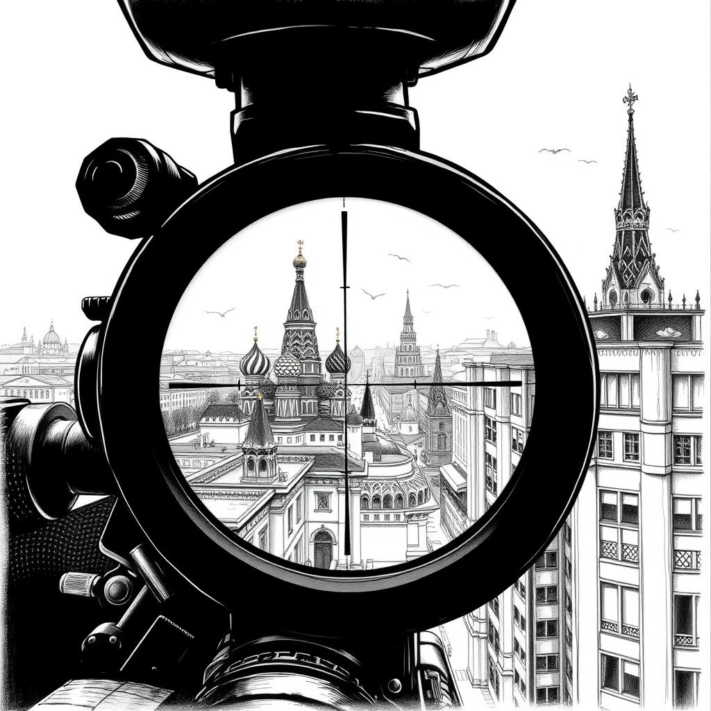A highly detailed black and white drawing showcasing a view through a sniper scope from the roof of a building in Moscow