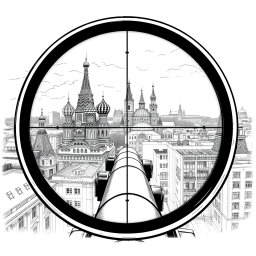 A highly detailed black and white drawing showcasing a view through a sniper scope from the roof of a building in Moscow