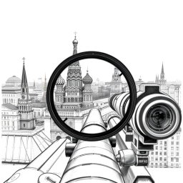 A highly detailed black and white drawing showcasing a view through a sniper scope from the roof of a building in Moscow