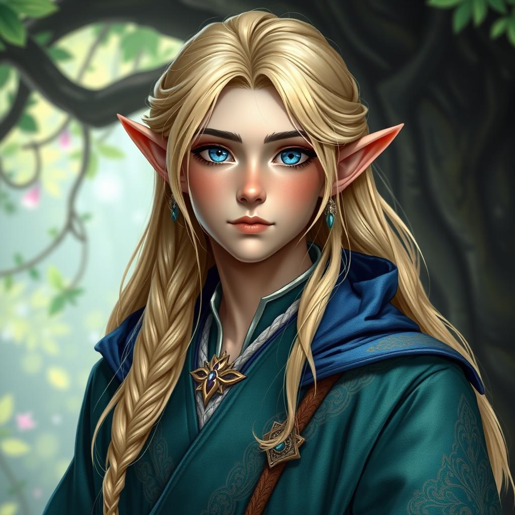A semi-elf bard with long blonde hair and piercing blue eyes, showcasing an expression of sweetness
