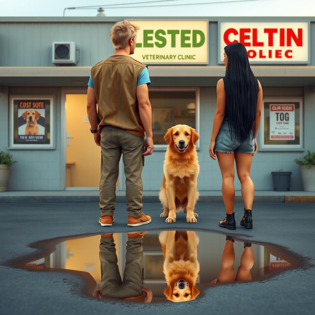 In the scene, the main characters include a tall, attractive blonde man with an athletic build dressed in vintage retro clothing, along with a shorter Latina woman with light brown skin, characterized by her rocker style and long, straight black hair