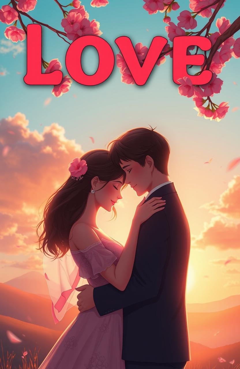 An artistic interpretation of the concept of love, featuring a romantic scene between an enchanting couple embracing in a beautiful sunset setting