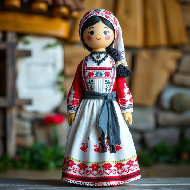 A beautifully designed peg doll dressed in a traditional Serbian dress from the 19th century