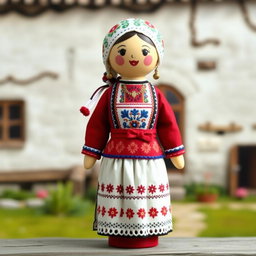 A beautifully designed peg doll dressed in a traditional Serbian dress from the 19th century