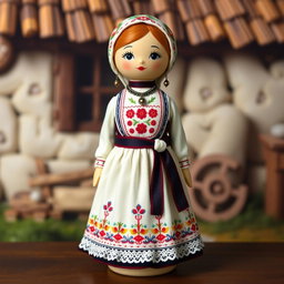 A beautifully designed peg doll dressed in a traditional Serbian dress from the 19th century