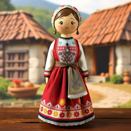 A beautifully designed peg doll dressed in a traditional Serbian dress from the 19th century