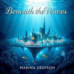 A captivating book cover design for "Beneath the Waves" by Marina Deepson, featuring a futuristic submarine city immersed in crystal-clear ocean waters
