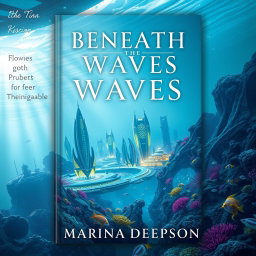 A captivating book cover design for "Beneath the Waves" by Marina Deepson, featuring a futuristic submarine city immersed in crystal-clear ocean waters