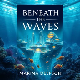 A captivating book cover design for "Beneath the Waves" by Marina Deepson, featuring a futuristic submarine city immersed in crystal-clear ocean waters