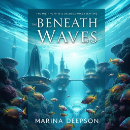 A captivating book cover design for "Beneath the Waves" by Marina Deepson, featuring a futuristic submarine city immersed in crystal-clear ocean waters