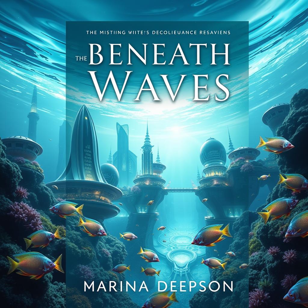 A captivating book cover design for "Beneath the Waves" by Marina Deepson, featuring a futuristic submarine city immersed in crystal-clear ocean waters