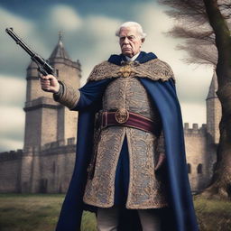 An image of an elderly European king, clad in traditional royal attire, holding a gun