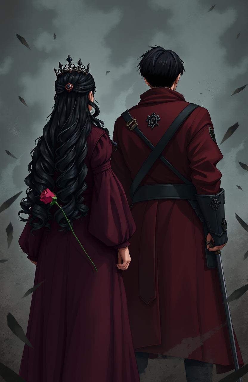 The scene shows the back of two soldiers standing tall amidst chaos