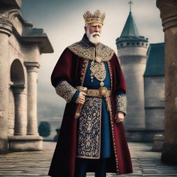 An image of an elderly European king, clad in traditional royal attire, holding a gun