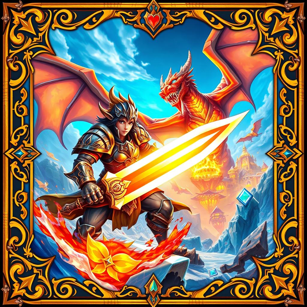 A vibrant and dynamic video game card design featuring an action-packed fantasy scene