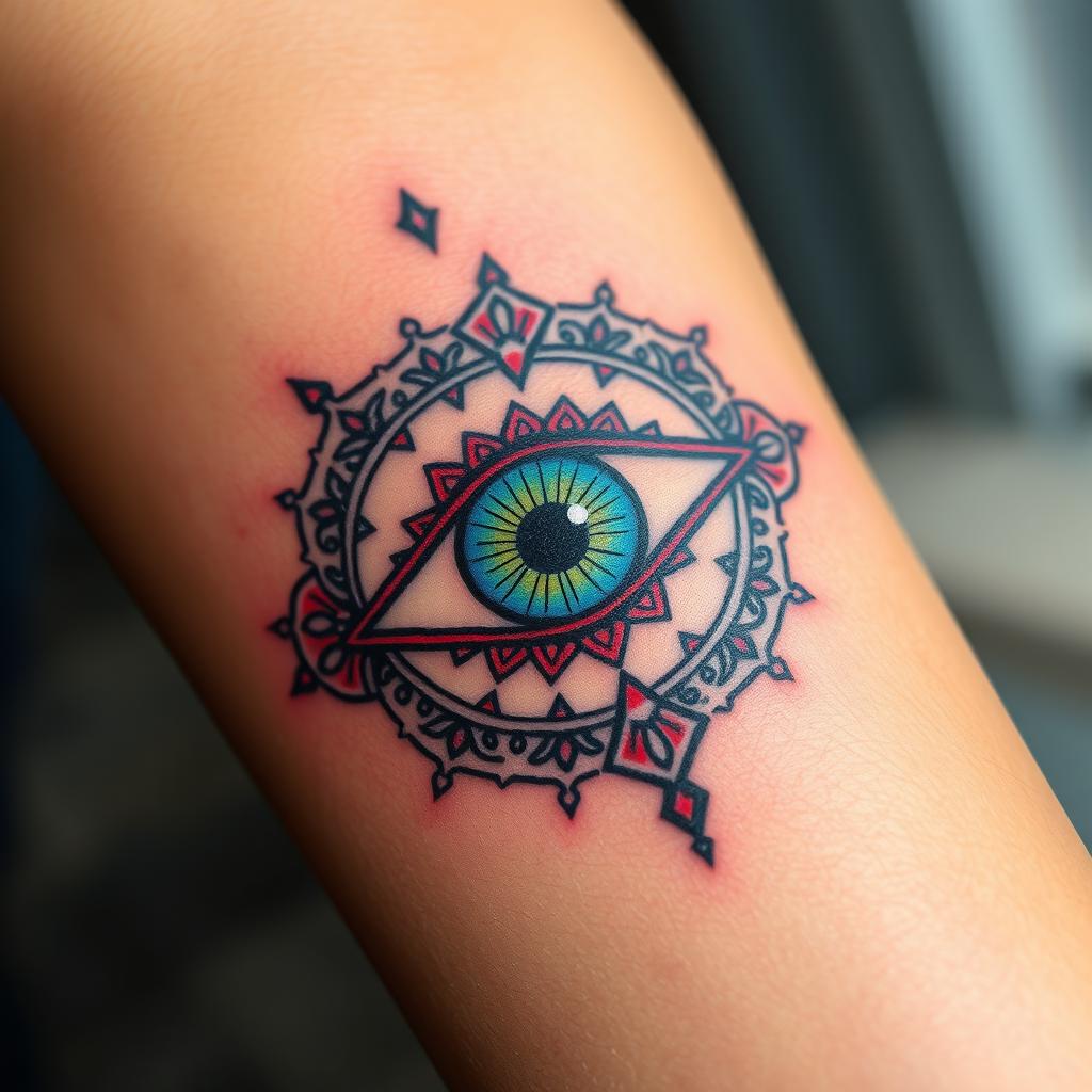 A detailed design of an evil eye tattoo featuring intricate patterns and vibrant colors