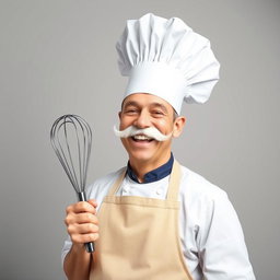 A cheerful chef wearing a classic white chef's hat and an apron, featuring a big white smile and prominent mustache