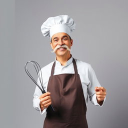 A cheerful chef wearing a classic white chef's hat and an apron, featuring a big white smile and prominent mustache