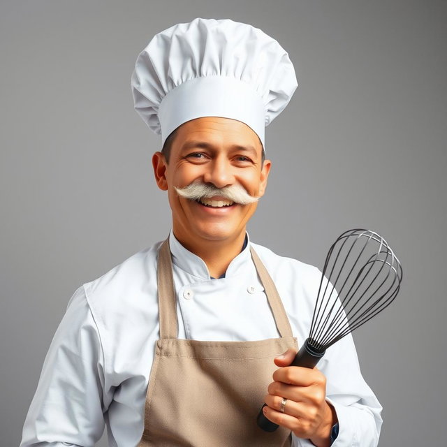 A cheerful chef wearing a classic white chef's hat and an apron, featuring a big white smile and prominent mustache